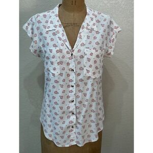 JACHS Girlfriend Women White Floral Short Sleeve‎ Collared Button Up Shirt XS